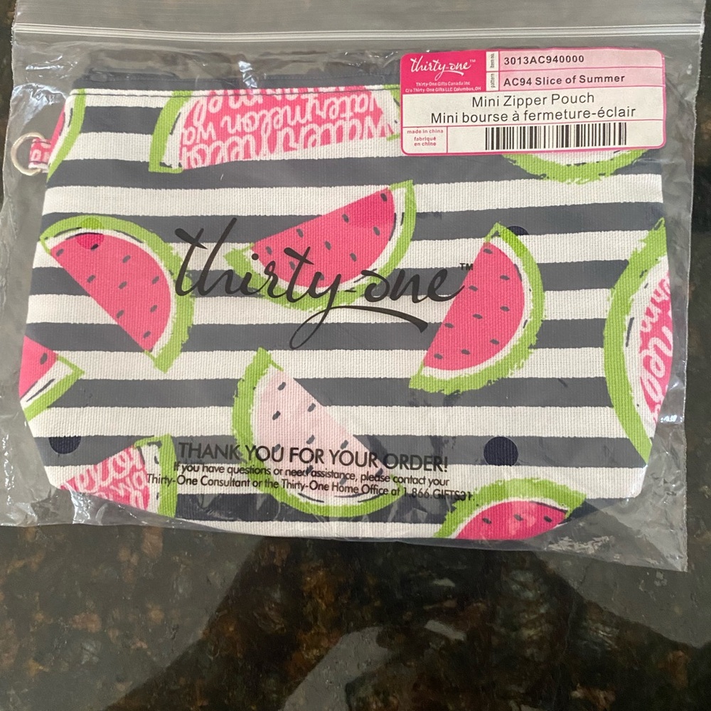 thirty-one Pink Watermelon Stripe Mini Zipper Pouch